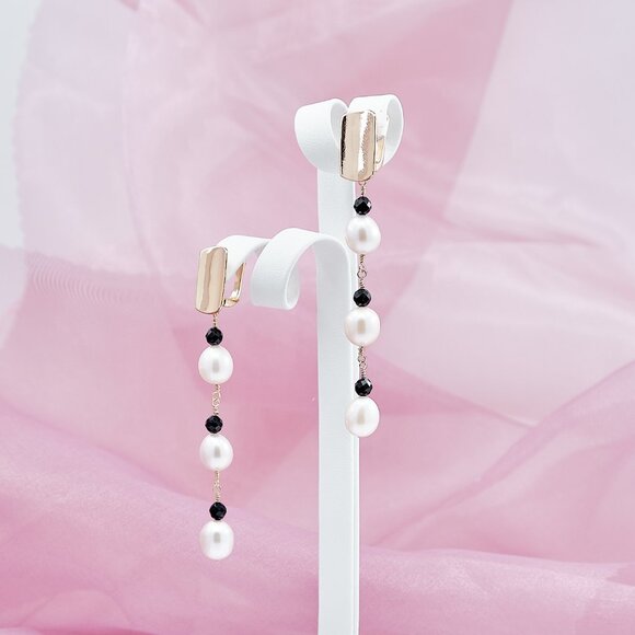 Pearl & Black Spinel Dangle Earrings, 14K Gold Filled Lever Back Earrings - Picture 4 of 9